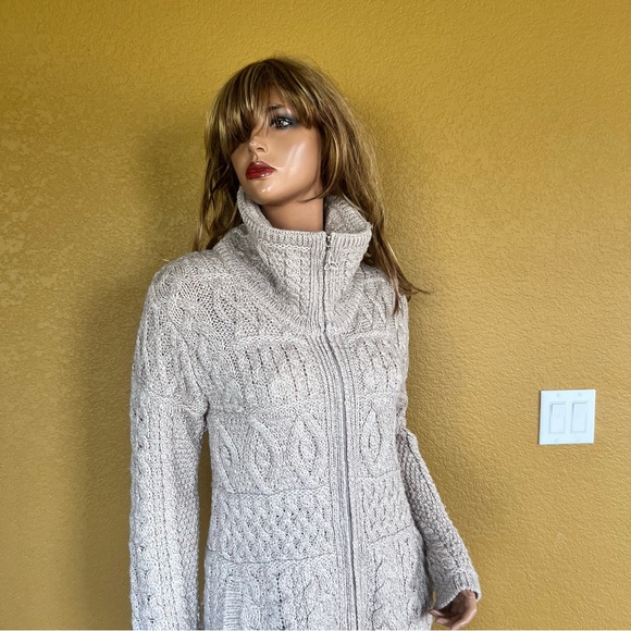 Inis Crafts Merino Wool Long Full-Zip Tunic Cardigan Sweater Beige - Picture 8 of 12